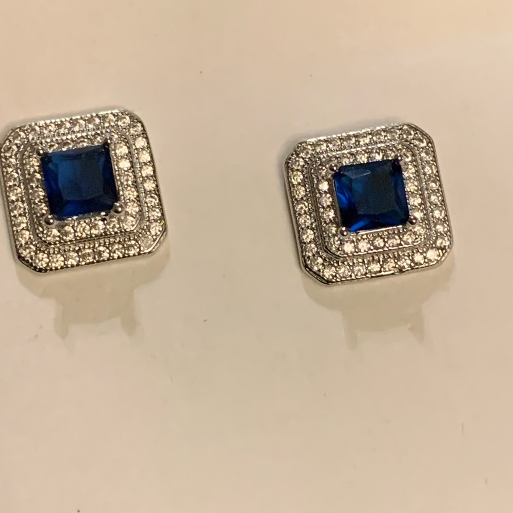 Earrings Sterling Silver 925 stud with Blue Square stone Zirconia jewelry